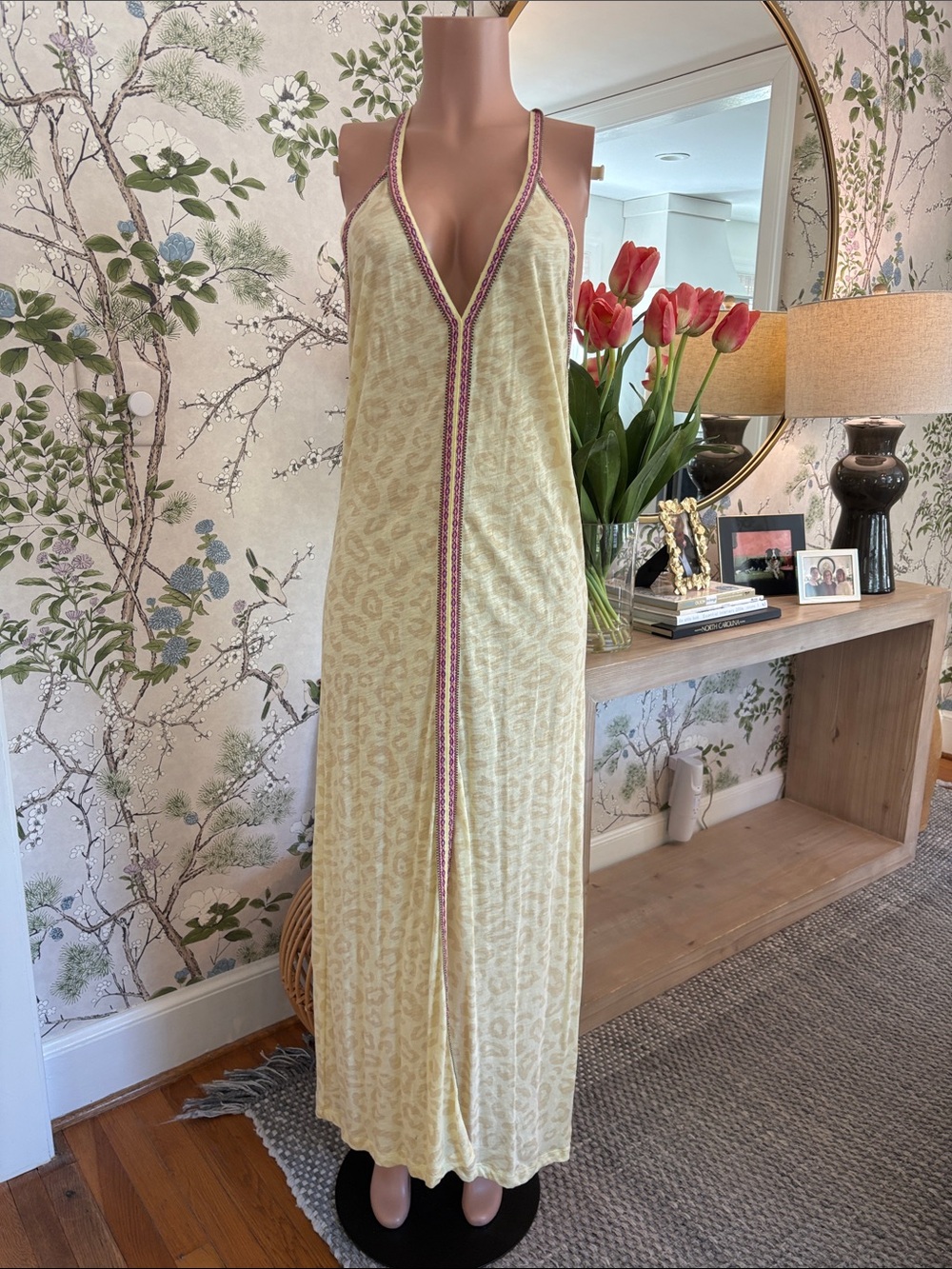 Pitusa Pale Yellow Maxi Dress with Pink Trim
